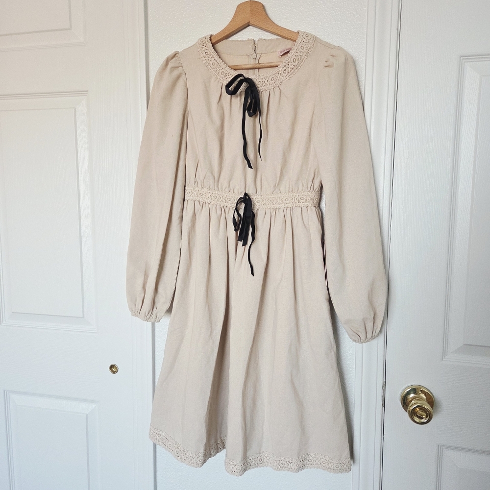 🏷Sz XXS Ivy City Co. Fallon Dress Rayon Linen Cotton In Oatmeal Velvet Bows
